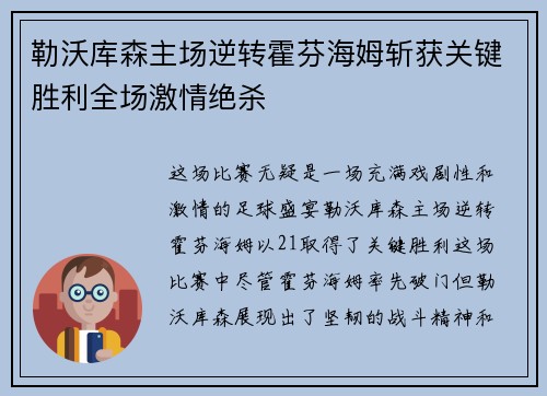勒沃库森主场逆转霍芬海姆斩获关键胜利全场激情绝杀 勒沃库森主场逆转霍芬海姆斩获关键胜利全场激情绝杀